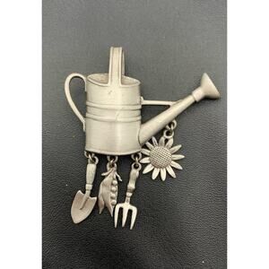 Vintage JJ Watering Can With Gardening Garden Dangle Charms Silver Tone Brooch